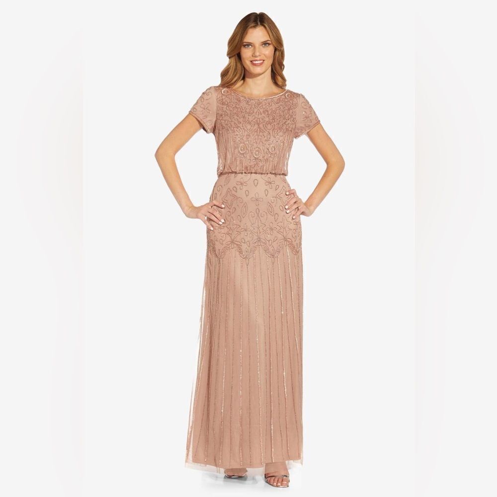 NWT Adrianna Papell Gloriana Short Sleeve Beaded Gown Woman's Size 4 Rose Gold
